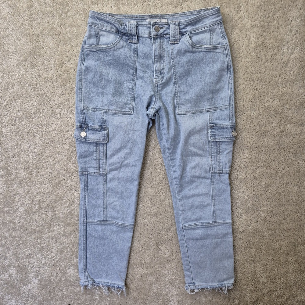 Kancan High Rise Cargo Jeans 7/27 Light Wash Blue Actual 30 Slim Straight Ankle - Picture 9 of 14